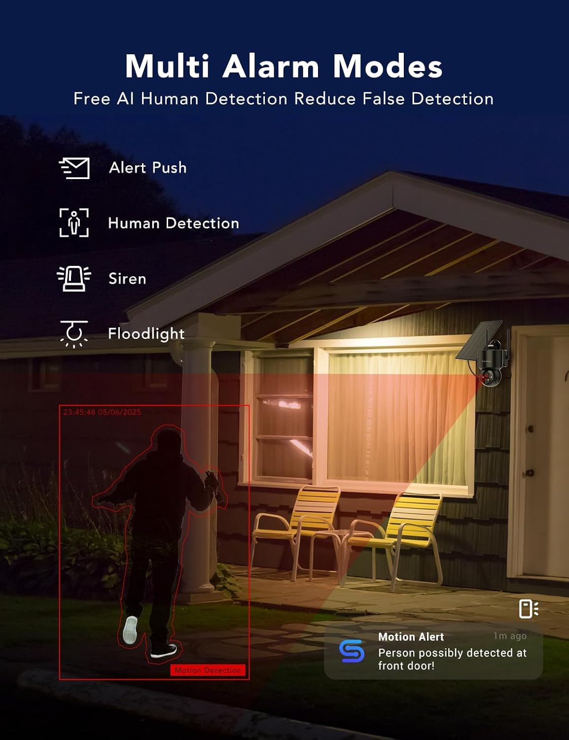2K Solar Security Cameras Wireless Outdoor, 360°PTZ Battery Powered Cameras for Home Security, 2.4G WiFi Outdoor Camera with Color Night Vision, IP66 Waterproof, Motion Sensor Alarm, Black-4P