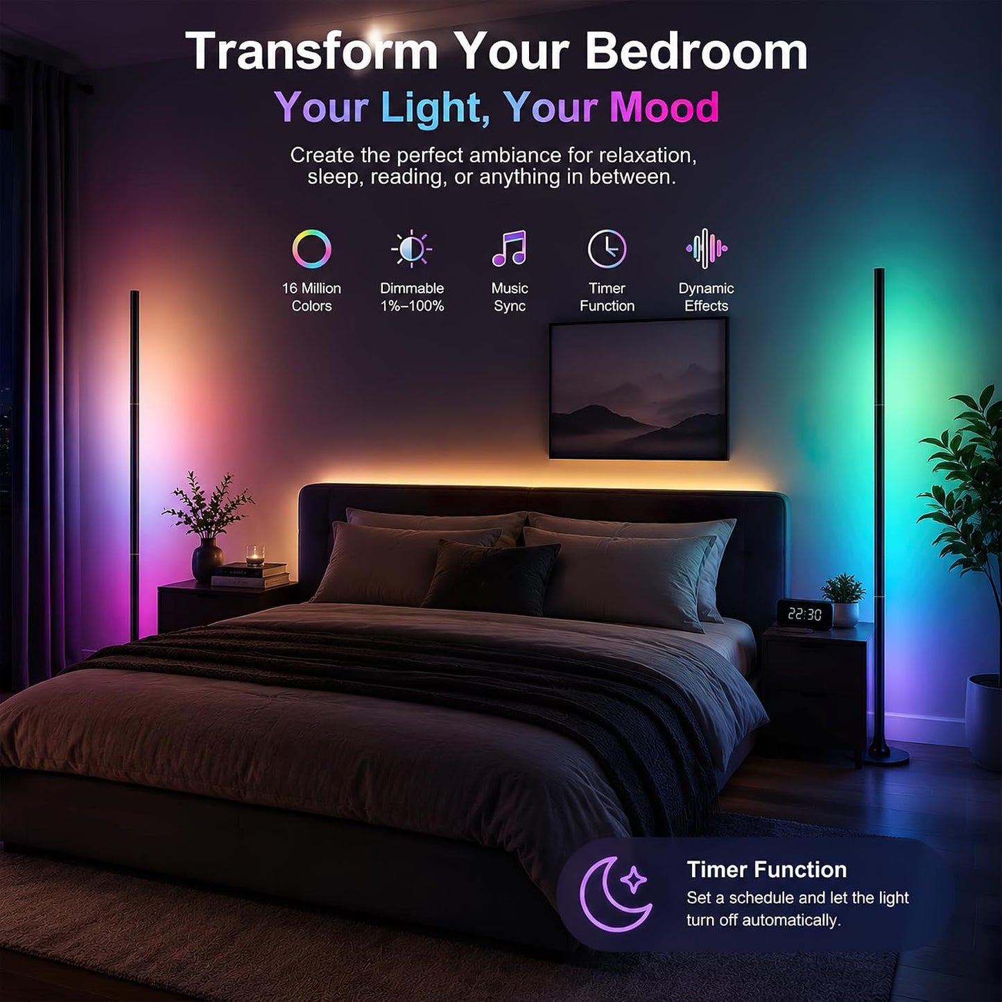 Corner Floor Lamp with Remote & App Control,RGB Color Changing LED Floor Lamp with Music Sync,16 Million Colors & 100+ Scene Modes,Dimmable Ambient Light for Living Room Gaming Room,USB Powered