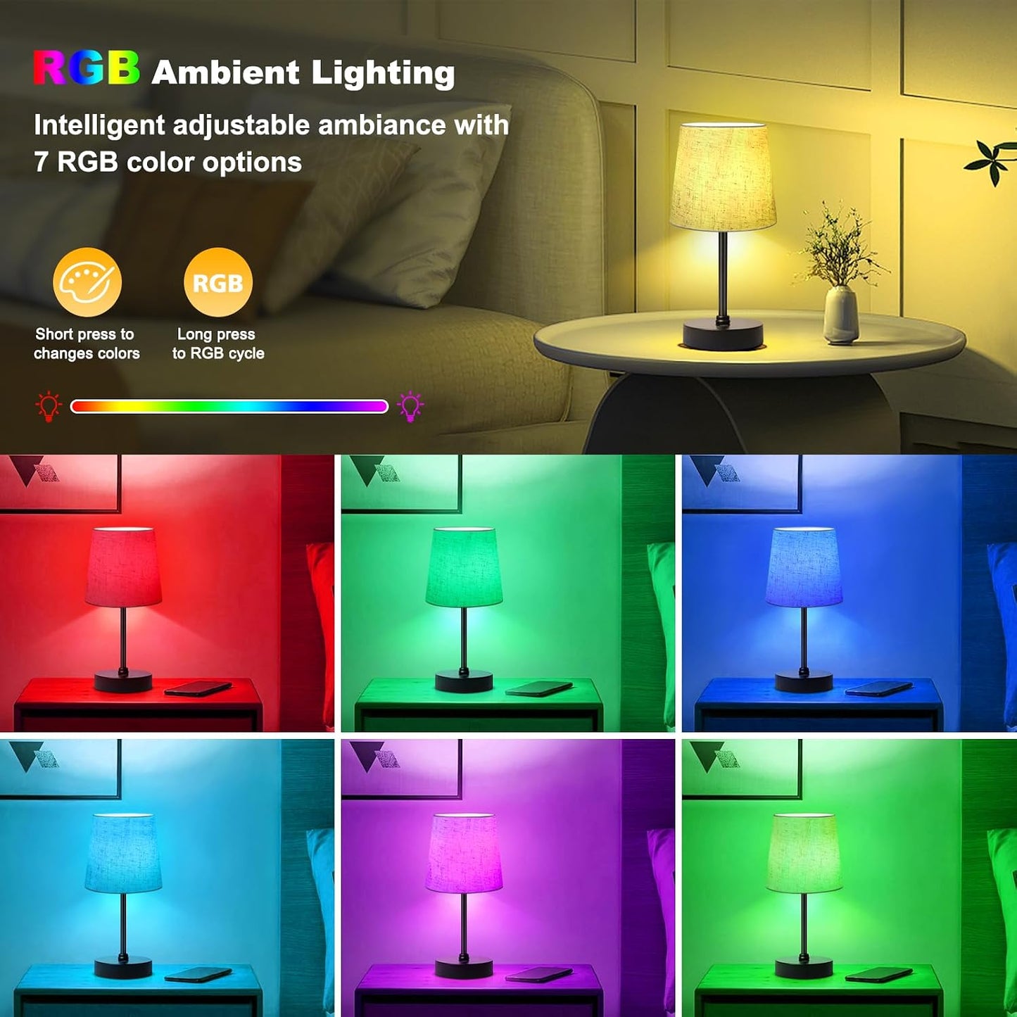 Wowag Small Cordless Table Lamp,5000mAh Rechargeable Battery Operated Desk Lamp,3 Colors & 7 RGB Stepless Dimmable, Portable Touch Fabric Shade LED Night Light for Bedroom Restaurant Home(Flaxen)