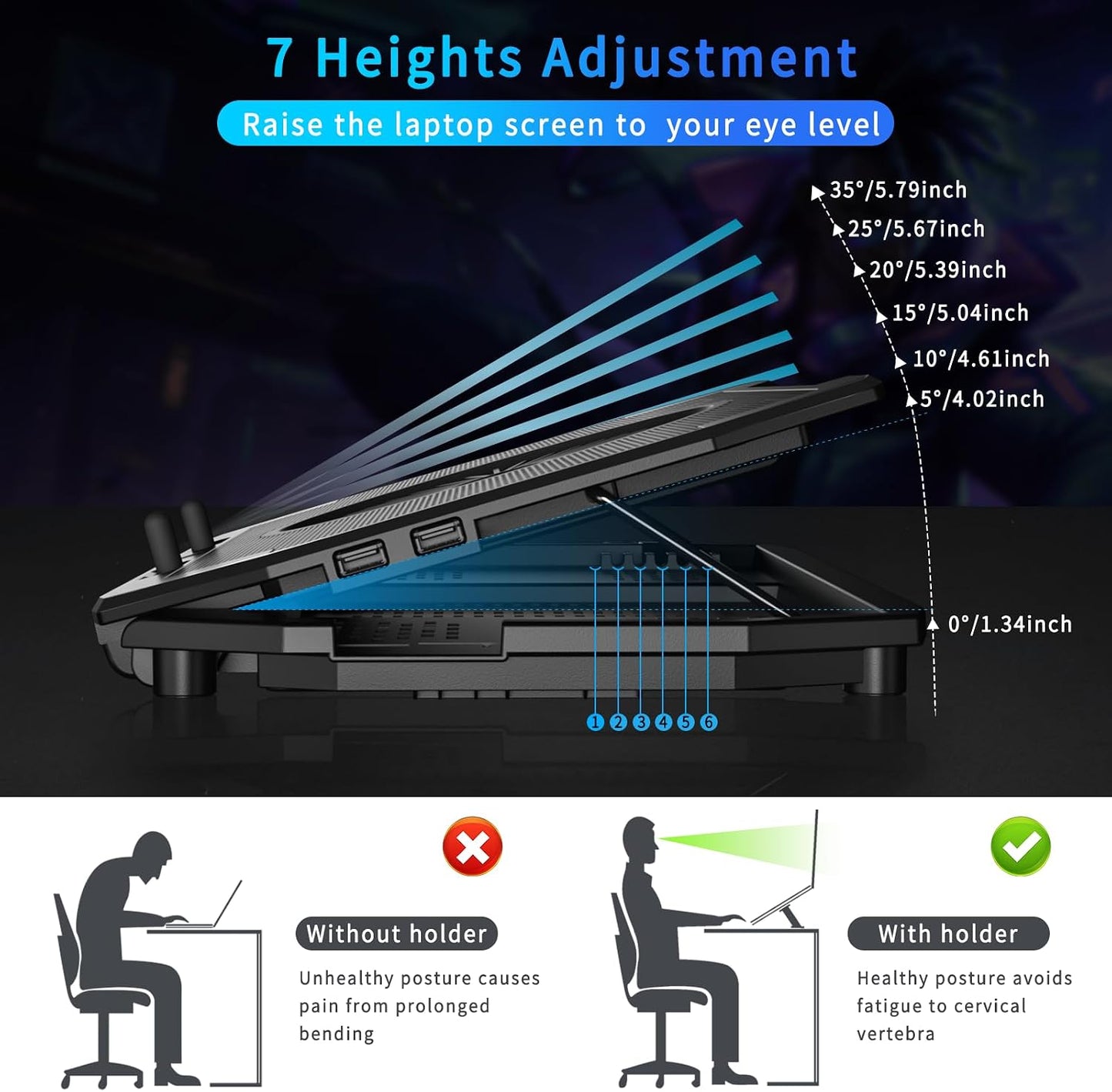 LP-2 Laptop Cooling Pad & Phone Holder, Dual-Mode Ergonomic Laptop Cooling Stand with 7 Adjustable Heights, 5 RGB High-Performance Quiet Laptop Fans, 2 USB Ports & 3 Speeds Laptop Cooler for 15–21Inch