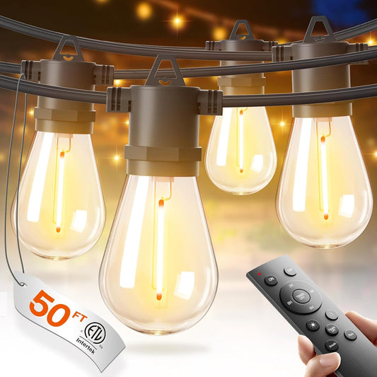 addlon 50FT LED Outdoor String Lights, Waterproof Dimmable Bulbs for Patio | UL Listed, Remote Control. Shatterproof Edison Bulbs, Timer, Linkable, 2700K Warm White. For Backyard, Pergola, Deck, Garden.