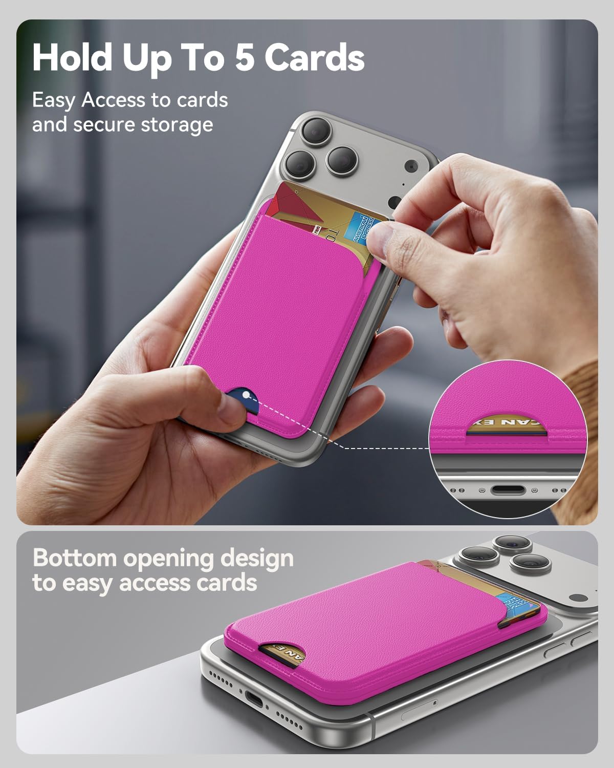 TWZKG for MagSafe Wallet, 5 Cards Holder with Stand, Magnetic Phone Wallet Stand for iPhone 17/16/15/14/13/12 Pro Max Air Plus Series, RFID Blocking Vegan Leather,Hot Pink