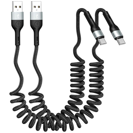 Coiled USB C Charger Cable for CarPlay [3ft 2Pack],USB A to USB C Cable,Durable Braided Type C Fast Charging Cable for iPhone 17/16/15/Pro/Pro Max,Galaxy S26/25/S24,Android Devices（Black）