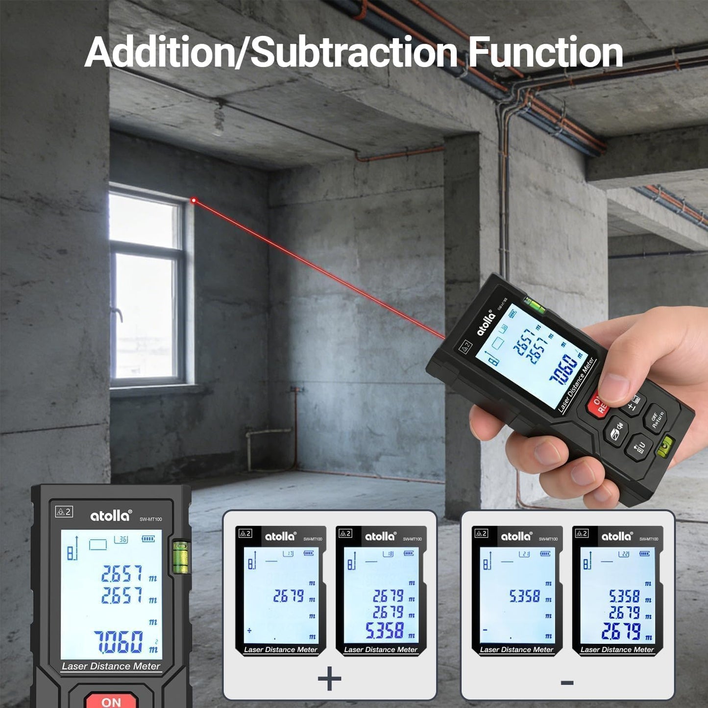 atolla Laser Tape Measure, Laser Distance Meter with Bubble Level | 4 Measurement Modes, 99 Measurement Memory, Backlit LCD, M/in/ft Unit Switching, Waterproof IP54, One Button Operation