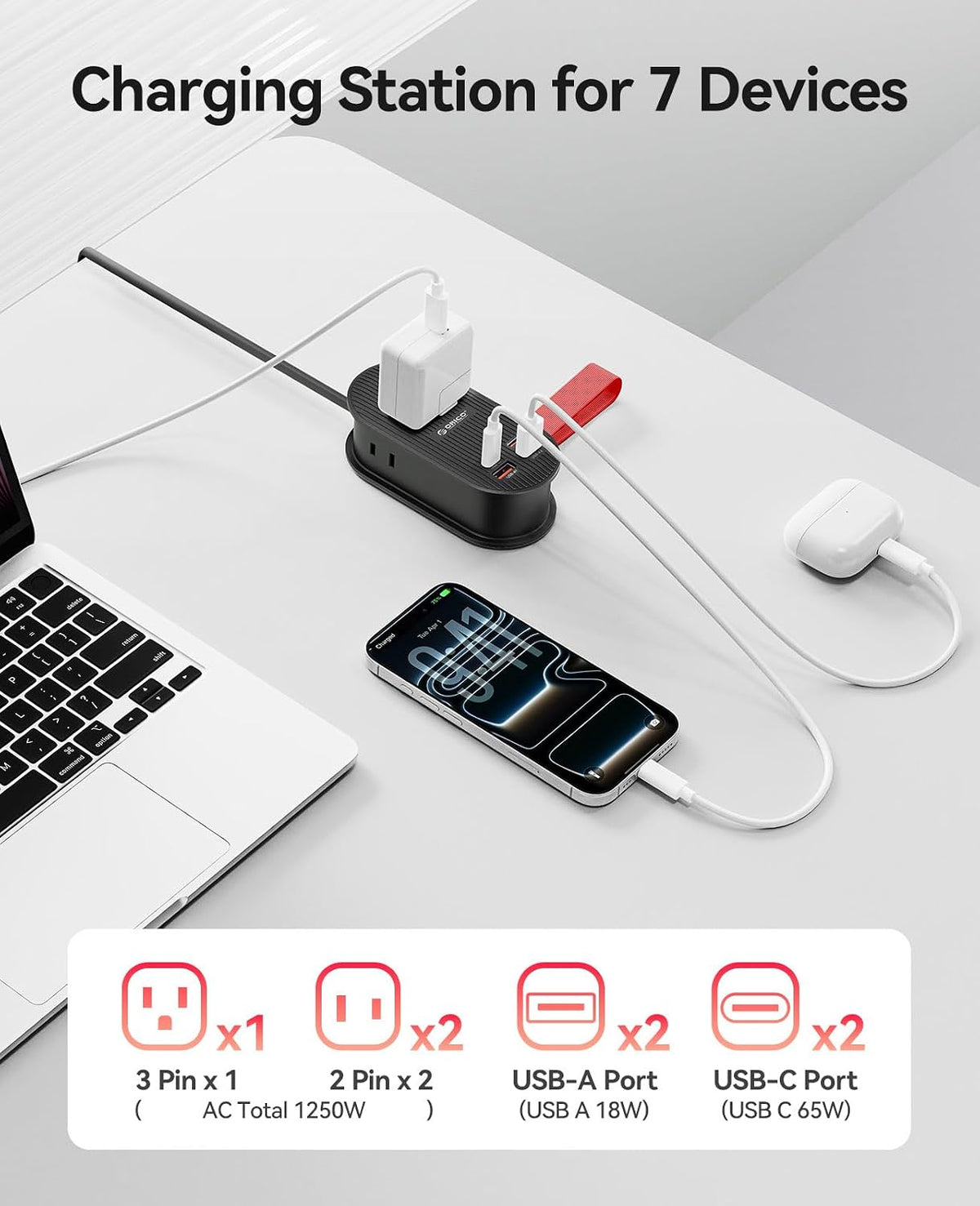 ORICO 65W GaN Travel Power Strip, 7 in 1 Charging Station(3AC, 4 USB Ports) | Flat Plug and 4ft Extension Cord, Fast Charger for MacBook, iPad, iPhone 17/16/15 - TK65
