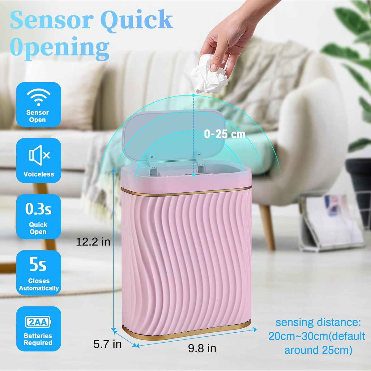 Ogikey Bathroom Small Trash Can with Automatic Touchless Lid, 2.6 Gallon Smart Garbage Can Narrow Waterproof Trash Bin for Bedroom, Office, Living Room