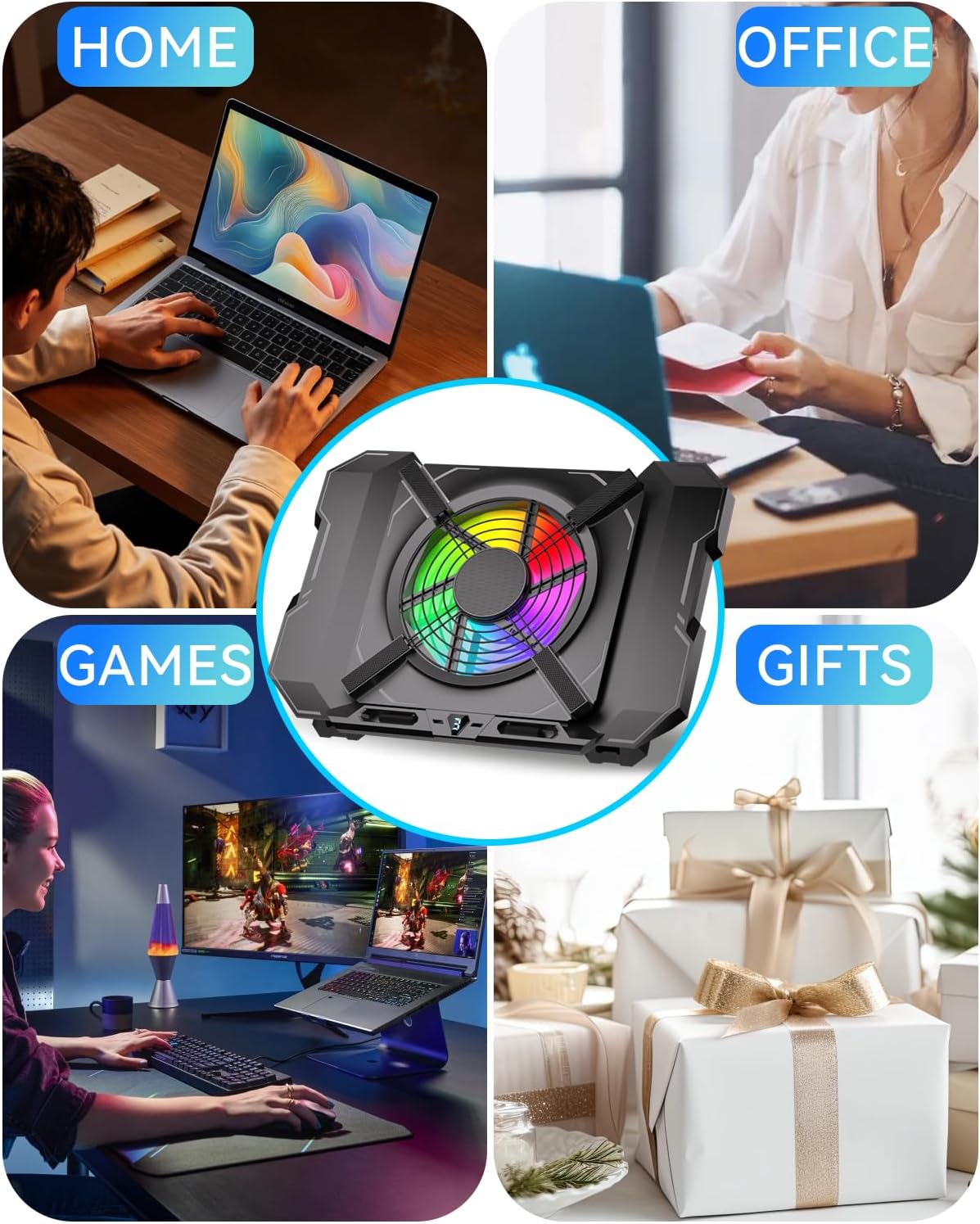 Laptop Cooling Pad, Gaming Laptop Cooler with 7.1 Inch Powerful Fan, RGB Lights &amp; 3-Speed Fan Control &amp; LCD Diamond Design, Height Adjustable Quiet Laptop Cooling Stand for 12"-21" Laptops etc