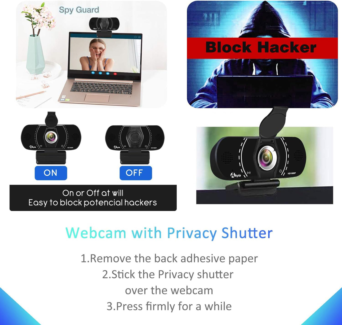 Akyta Webcam for PC, 1080P Webcam with Microphone/Tripod/Privacy Cover/Wide Angle 110°, Plug & Play USB Web Camera for Desktop Computer PC Laptop Mac Video Calling/Streaming/Zoom Conference ﻿