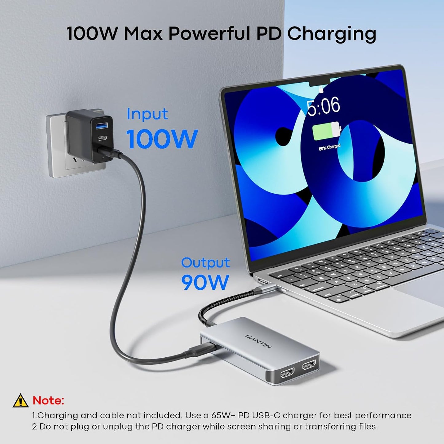 UANTIN 6-in-1 USB C Hub, Type C to Dual HDMI Adapter 4K@60Hz | HDMI Splitter Extended Display for Dual Monitor with 100W PD, USB 2.0, Dual HDMI Adapter for USBC Devices with DP Alt Mode