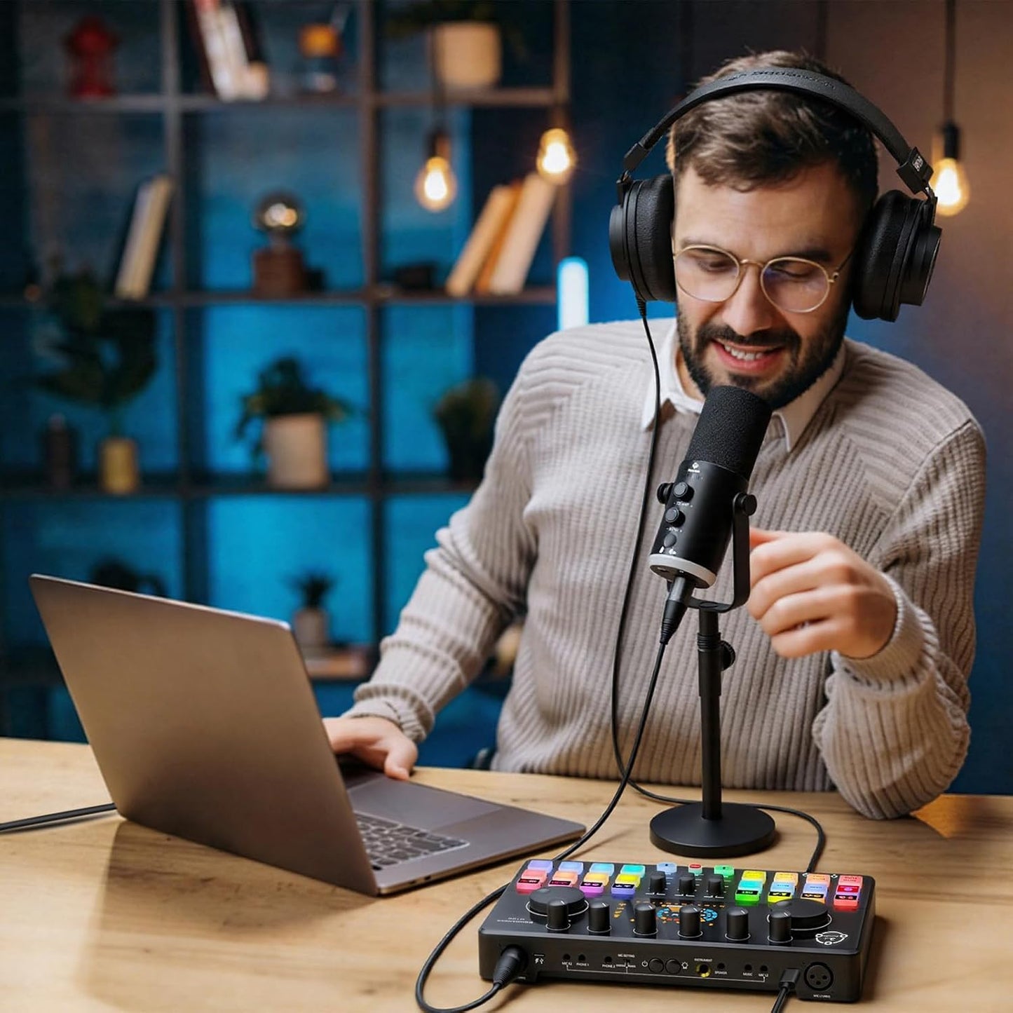 Podcast Equipment Bundle, RGB Audio Interface Mixer with Dynamic XLR/USB Microphone, Desktop Stand, Noise Reduction, Voice Changer, for Vocal Recording, Podcasting, Streaming, Gaming,TikTok