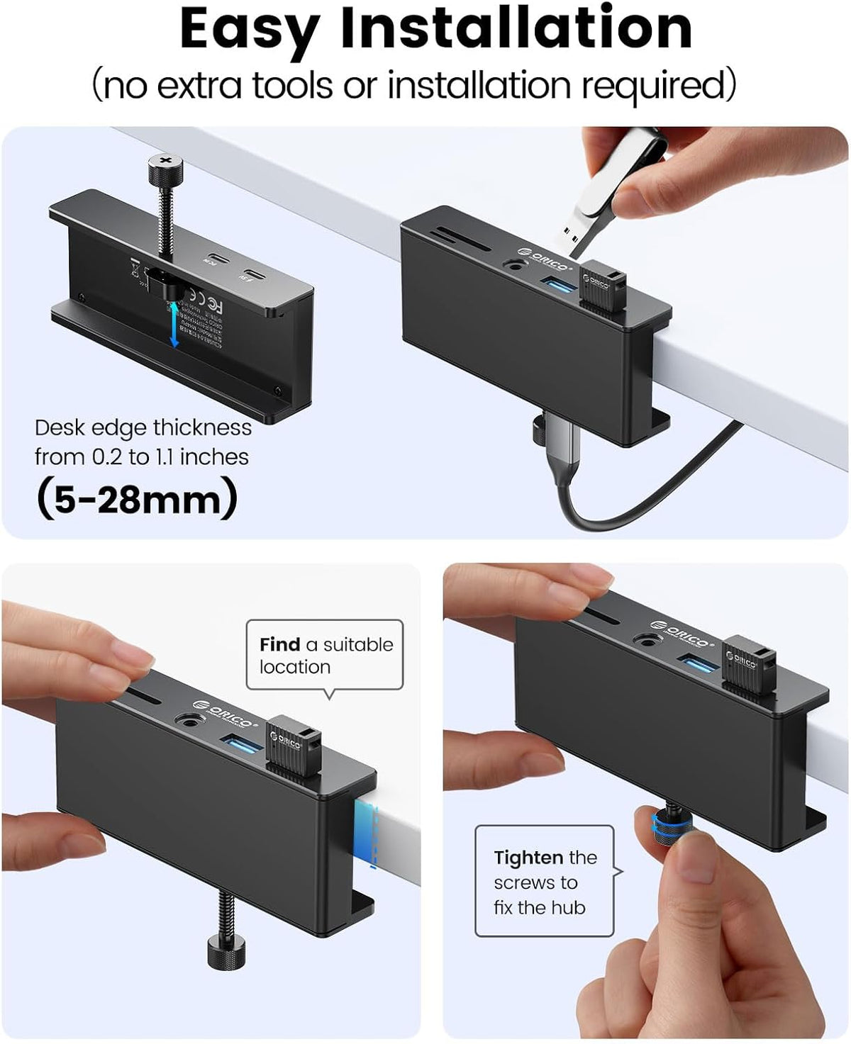 ORICO USB Hub 3.0, 5 Ports Clamp USB Hub with Extra Power Port
