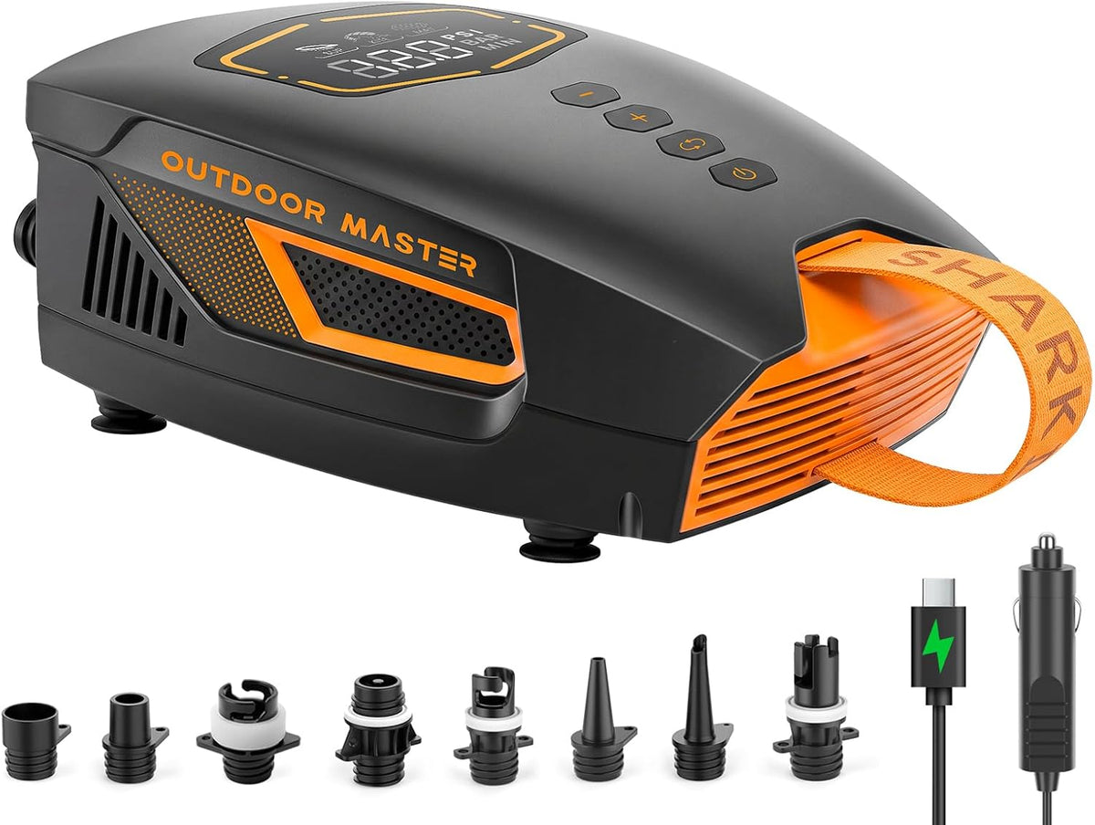 OutdoorMaster Shark 3 Mini 74Wh Portable Paddle Board Pump Electric | 5'30" Fast Inflation, Rechargeable SUP Air Pump, Auto-Off & Deflation, 20PSI 12V/15.8V DC Input, 8 Nozzles for Inflatables