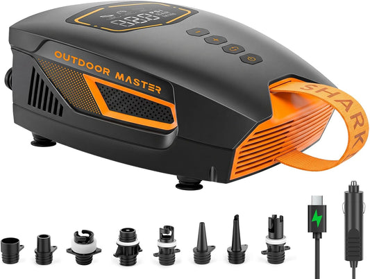 OutdoorMaster Shark 3 Mini 74Wh Portable Paddle Board Pump Electric | 5'30" Fast Inflation, Rechargeable SUP Air Pump, Auto-Off & Deflation, 20PSI 12V/15.8V DC Input, 8 Nozzles for Inflatables