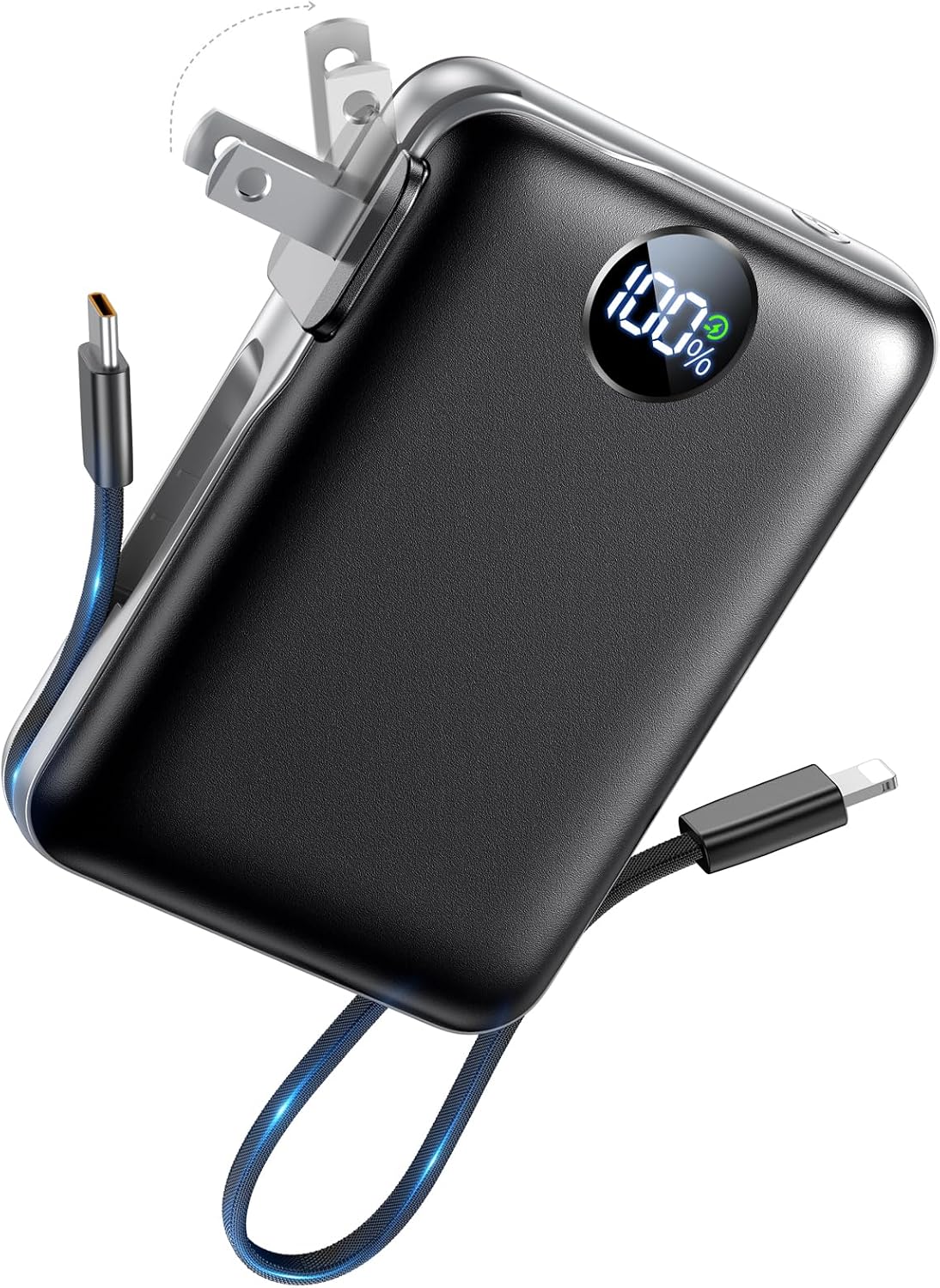 Portable Charger Power Bank 10000mAh, 45% Smaller Built-in Cables & AC Plug | Built-in Cables & AC Plug, 22.5W Fast Charging, 4-Device Charging, Travel Essential, for iPhone, iPad & Samsung Galaxy, Black