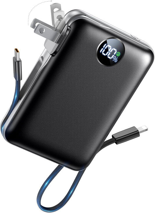 Portable Charger Power Bank 10000mAh, 45% Smaller Built-in Cables & AC Plug | Built-in Cables & AC Plug, 22.5W Fast Charging, 4-Device Charging, Travel Essential, for iPhone, iPad & Samsung Galaxy, Black