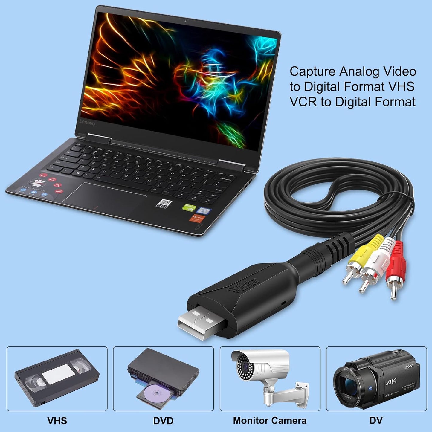 Wiistar USB Audio Video Capture Card VHS VCR to Digital Converter | RCA AV to USB Video Capture Device Cable USB 2.0 Video Capture Card Video Grabber for Windows PC