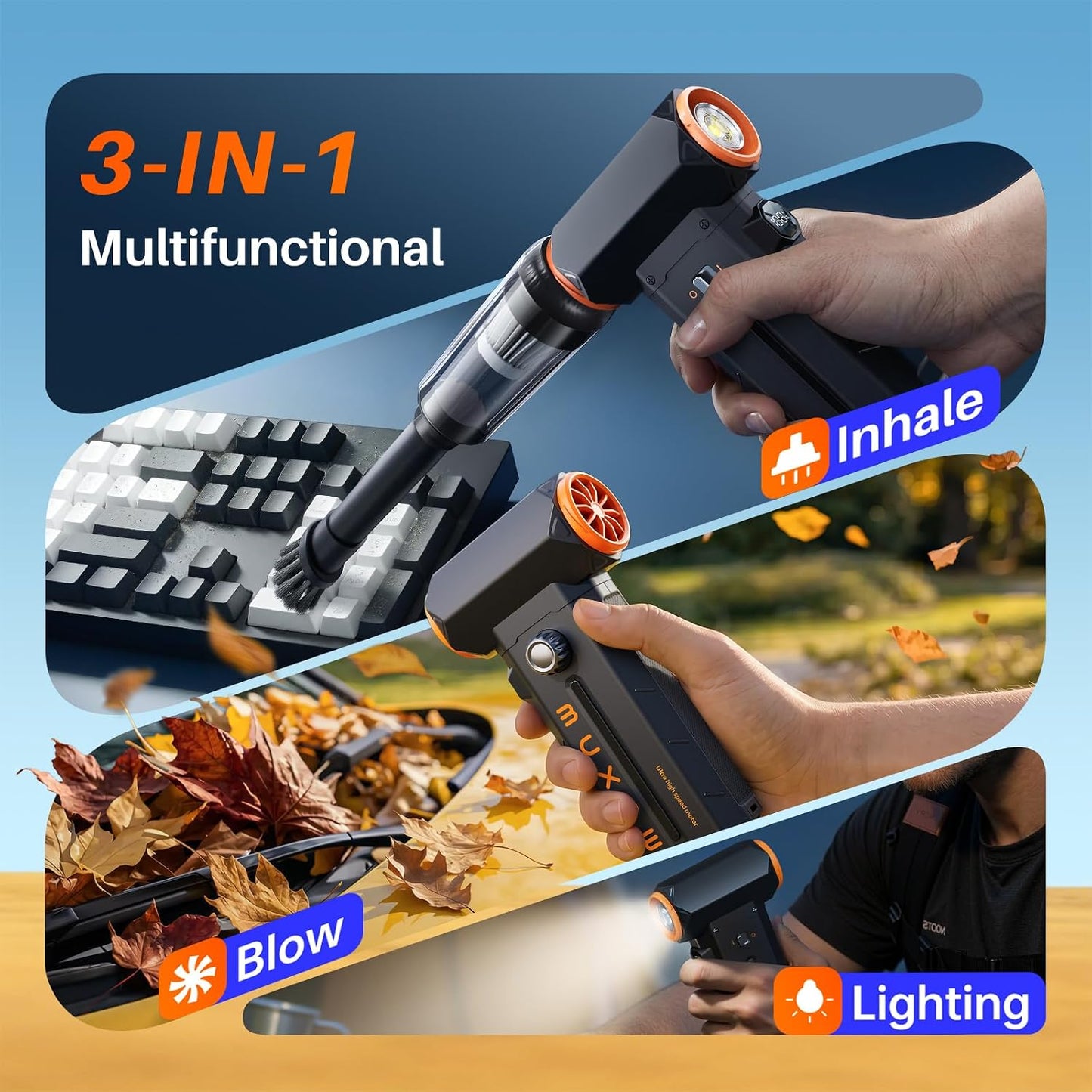 2-in-1 Air Duster & Vacuum, 130000 RPM | 8000mAh USB-C, 100-speed, blower/vacuum for PC, keyboard, car, home. Cordless mini 2-in-1