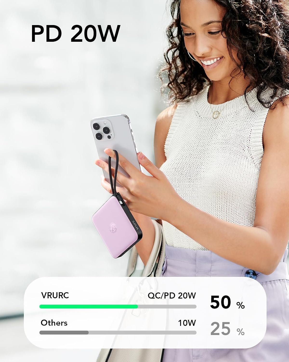 VRURC Portable Charger 10000mAh Battery Pack, Cell Phone Power Bank, Purple | Built-in Cables, 22.5W Fast Charging, Slim, Travel Essentials, Airline-Approved, for iPhone 17/16/15 Series, Samsung Android