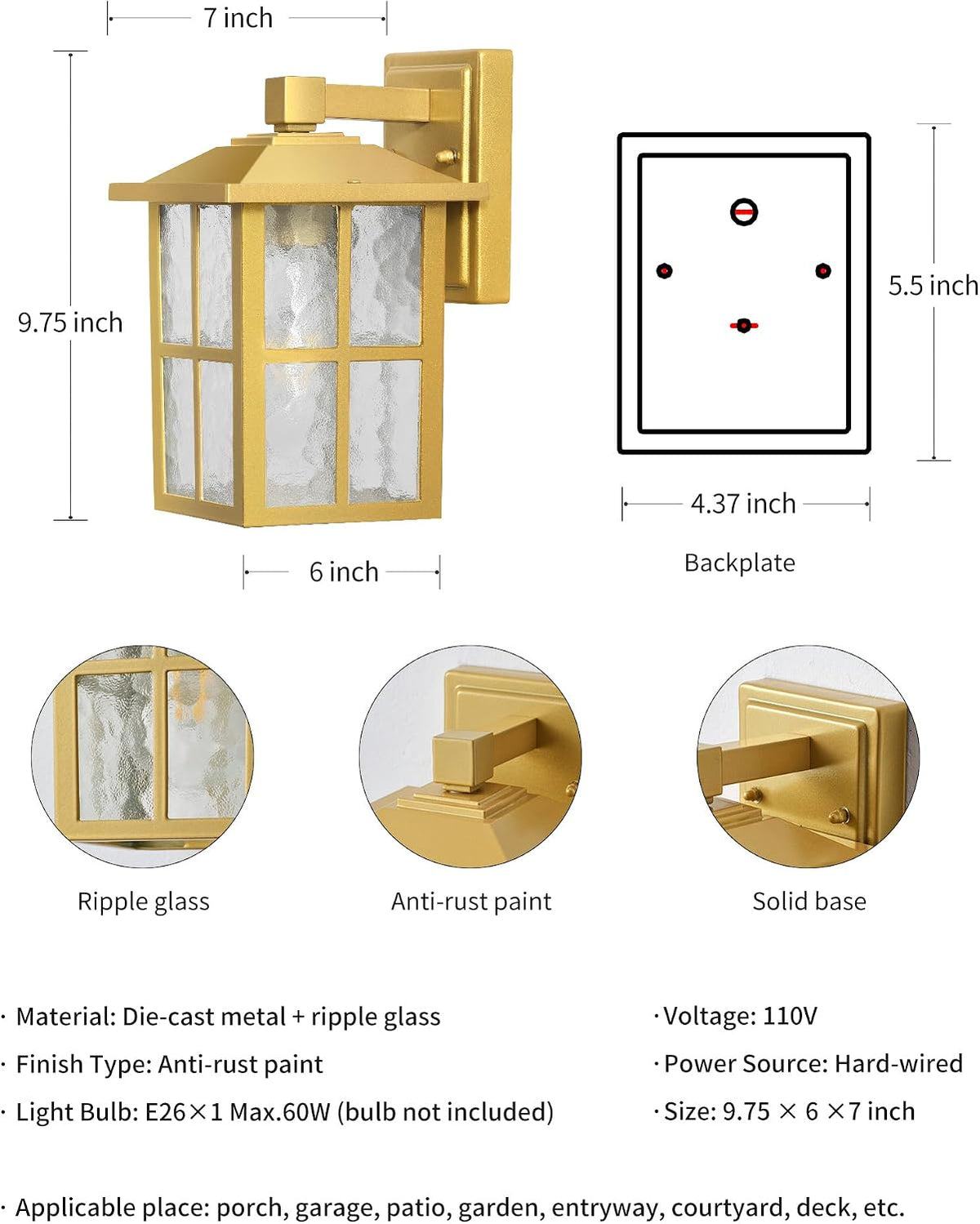 KDG Gold Outdoor Waterproof Modern Patio Wall Light Fixtures Set of 2