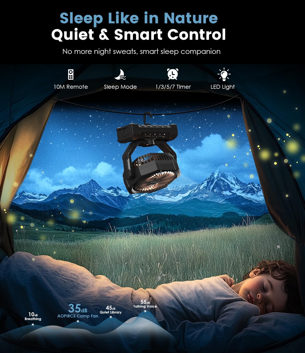 Camping Fan Rechargeable, 24000mAh Battery Powered Fan with LED Light, Hook | Portable Fans, 8-60H, 4 Speed, Timer, Sleep Mode, Camping Gear, Travel Essentials, for Tent, RV, Outdoor, Garage, Emergency