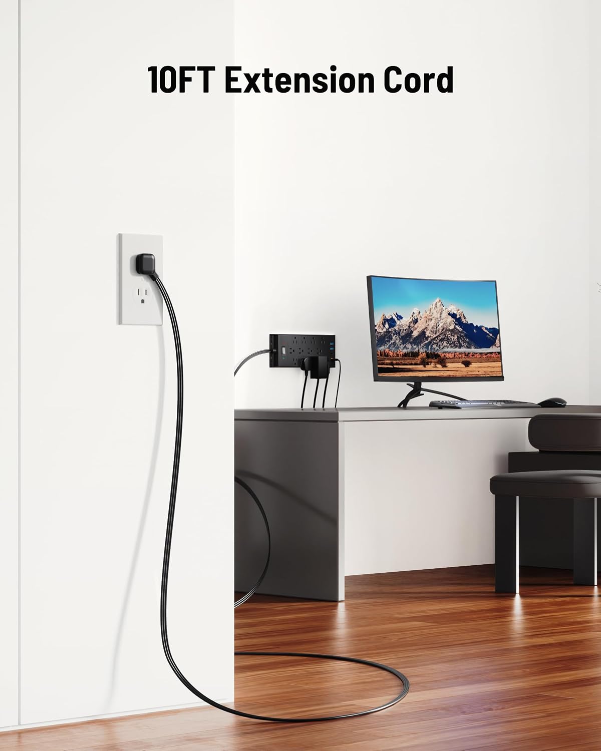 Surge Protector Power Strip 4800J, LeZone 10Ft Long Extension Cord Flat Plug, 12 Outlets 2 USB C 2 USB Ports, Wall Mountable, Desk Charging Station, Black