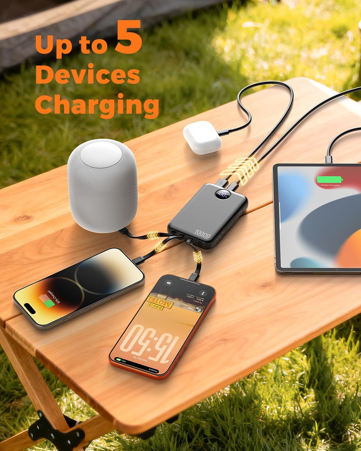 Portable Charger 10000mAh with 4 Built-in Cables 40% Smaller | Power Bank Fast Charging Battery Pack,LED Display Compact with Travel Charger for iPhone Other Devices-Black