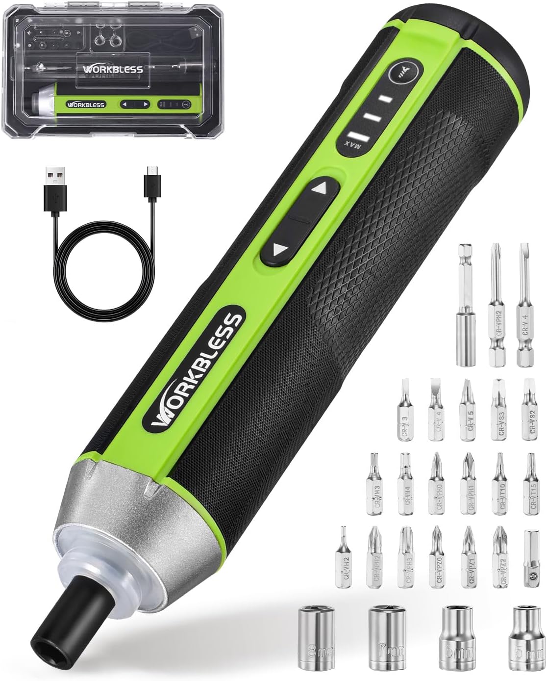 Electric Screwdriver Set with 3 Torque Settings 5N .m Max Torque | 3.7V Cordless Screwdriver with 300RPM & LED Light, USB-C Charging Cable with 26Pcs Accessory Kit for Furniture, DIY