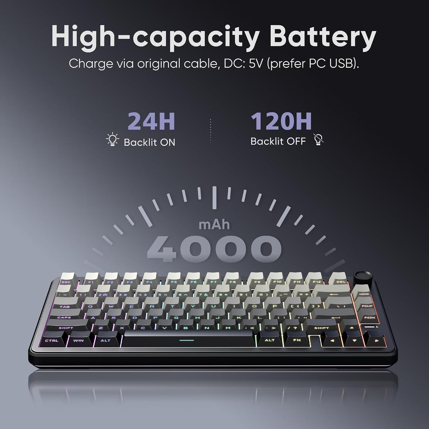 RedThunder K75 Wireless Mechanical Gaming Keyboard, 75% Hot Swappable Creamy Keyboard with Knob, RGB Backlit, Pre-lubed Linear Switches, Side Engraved PBT Keycaps, Wireless/Wired/BT5.0, Gradient Gray