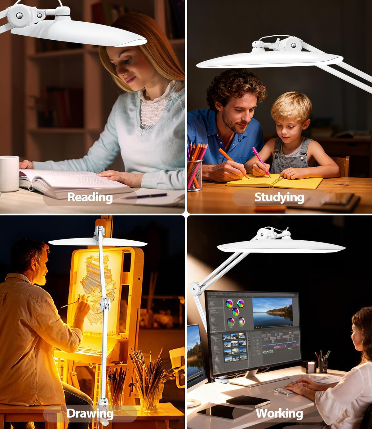 Led Desk Lamp with Clamp, Eye Caring Architect Desk Light for Home Office, Dual Screen Computer Monitor Gooseneck Adjustable Arm 20" LED Lamp, Stepless Dimming, for Nails &Salon, Reading, Workbench