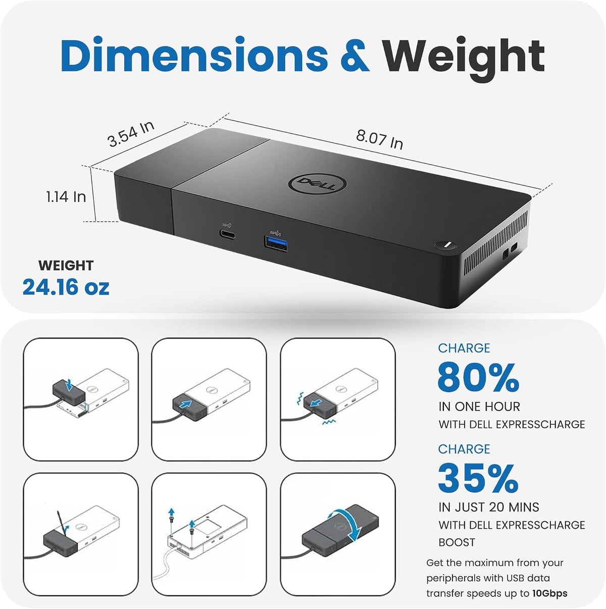 WD19DCS Dell Dual USB-C Dock Bundle, Dual Monitors, 240W Power Adapter, with TT Cables Each 2m, DisplayPort, HDMI, USB4-C, Ethernet & 3-Year Warranty