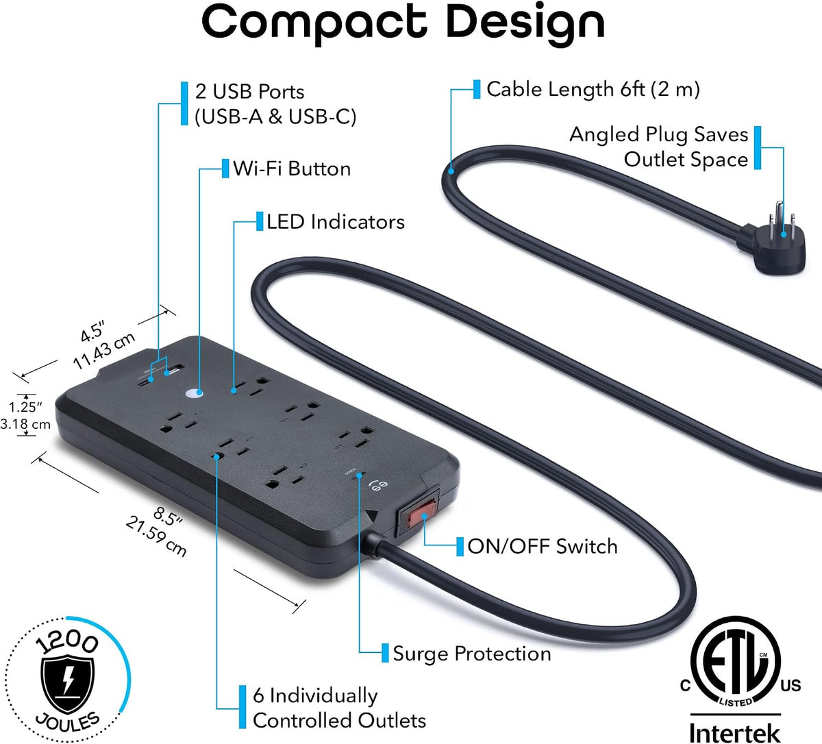 Geeni Smart Plug Power Strip, 6 Outlets & 2 USB Ports, Surge, 6 ft., Black