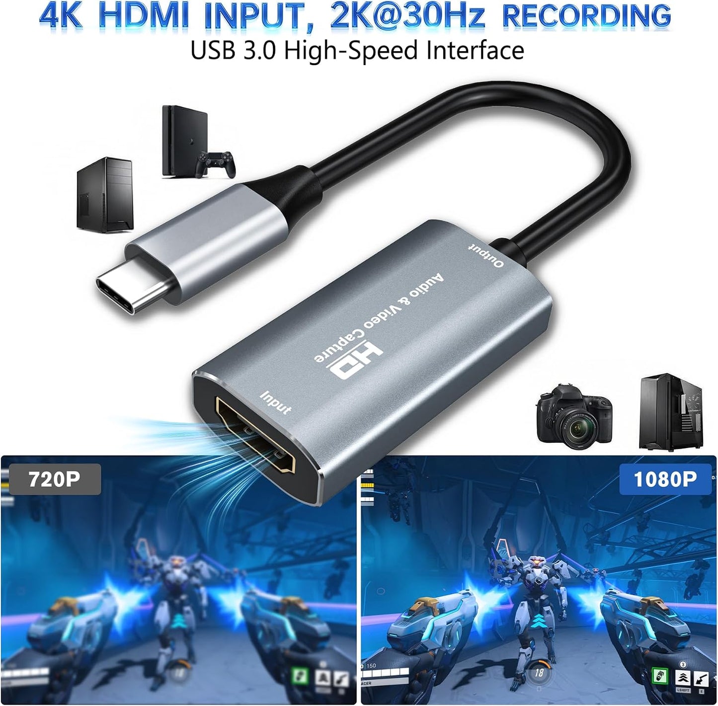 Video Capture Card, 4K USB3.0 HDMI to USB C, 1080P60FPS HDMI Capture Card for Streaming, Gaming, Video Recording Compatible with Switch, Xbox, PS4, OBS, Windows, Mac OS, Zoom(Silver)
