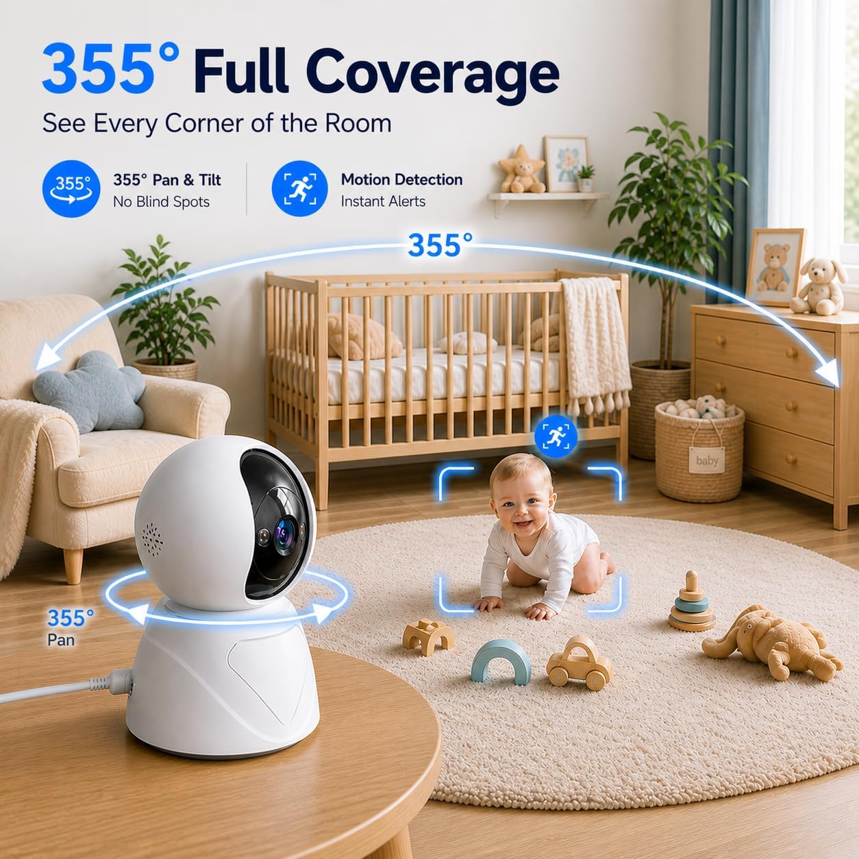 2K Indoor Security Camera, 5GHz Baby Monitor for Home, Pan Tilt | Dog Camera, 5GHz/2.4GHz WiFi, 355° Pan Tilt, Auto Tracking, 3X Zoom, Color Night Vision, Two-Way Audio, SD/Cloud