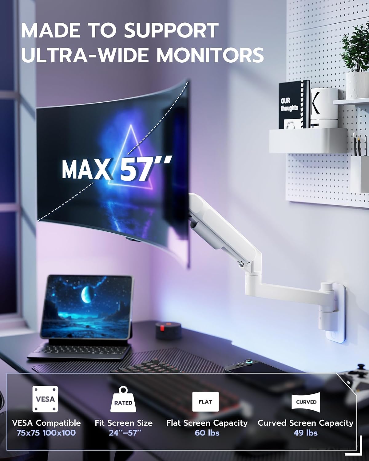 ARES WING Monitor Wall Mount for 24-57 Inch Ultrawide Screen, White | Premium Heavy Duty Gaming Monitor Arm for 60 lbs, Full Motion Gas Spring, Bearing Head for Easy Adjustment, 75/100 VESA Mount