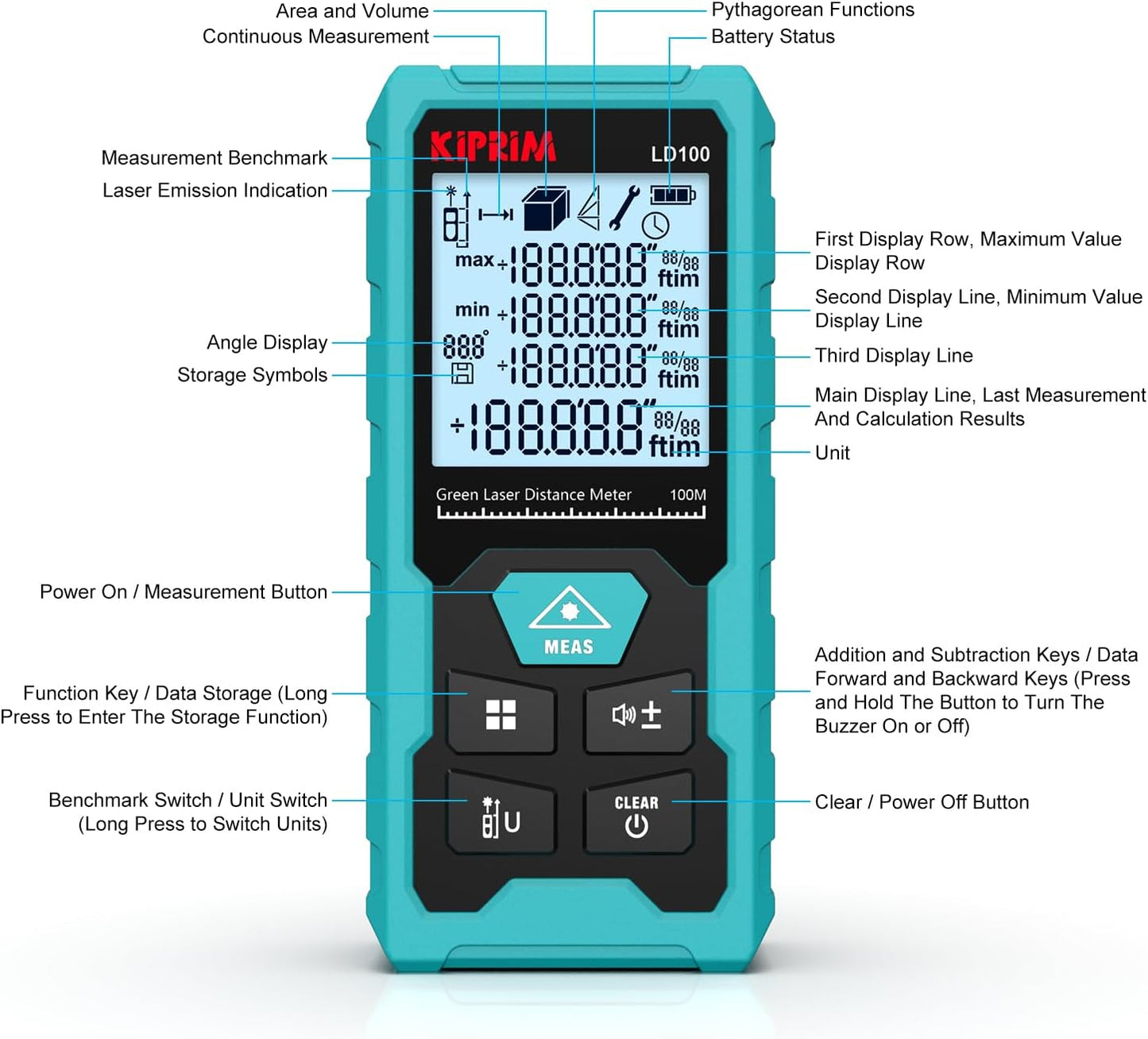 Kiprim LD100 Green Laser Distance Meter,328ft,Rechargeable,Electronic Level | Boasts high precision of ±1/16 inch; built-in electronic level assists horizontal and vertical measuring work.