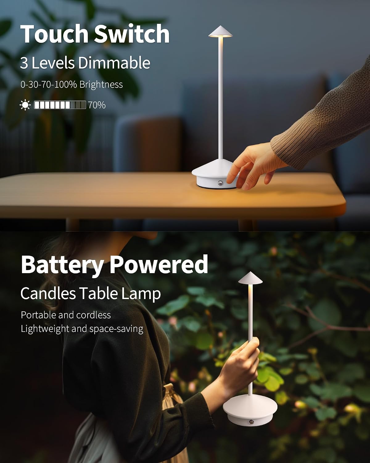 Modern Cordless Table Lamp Set of 2, White Portable LED Desk Lamps | 5000mAh, Rechargeable, Battery Operated Lighting for Bedroom, Dining Room, Restaurant, Coffee Shop, Camping, Night Light