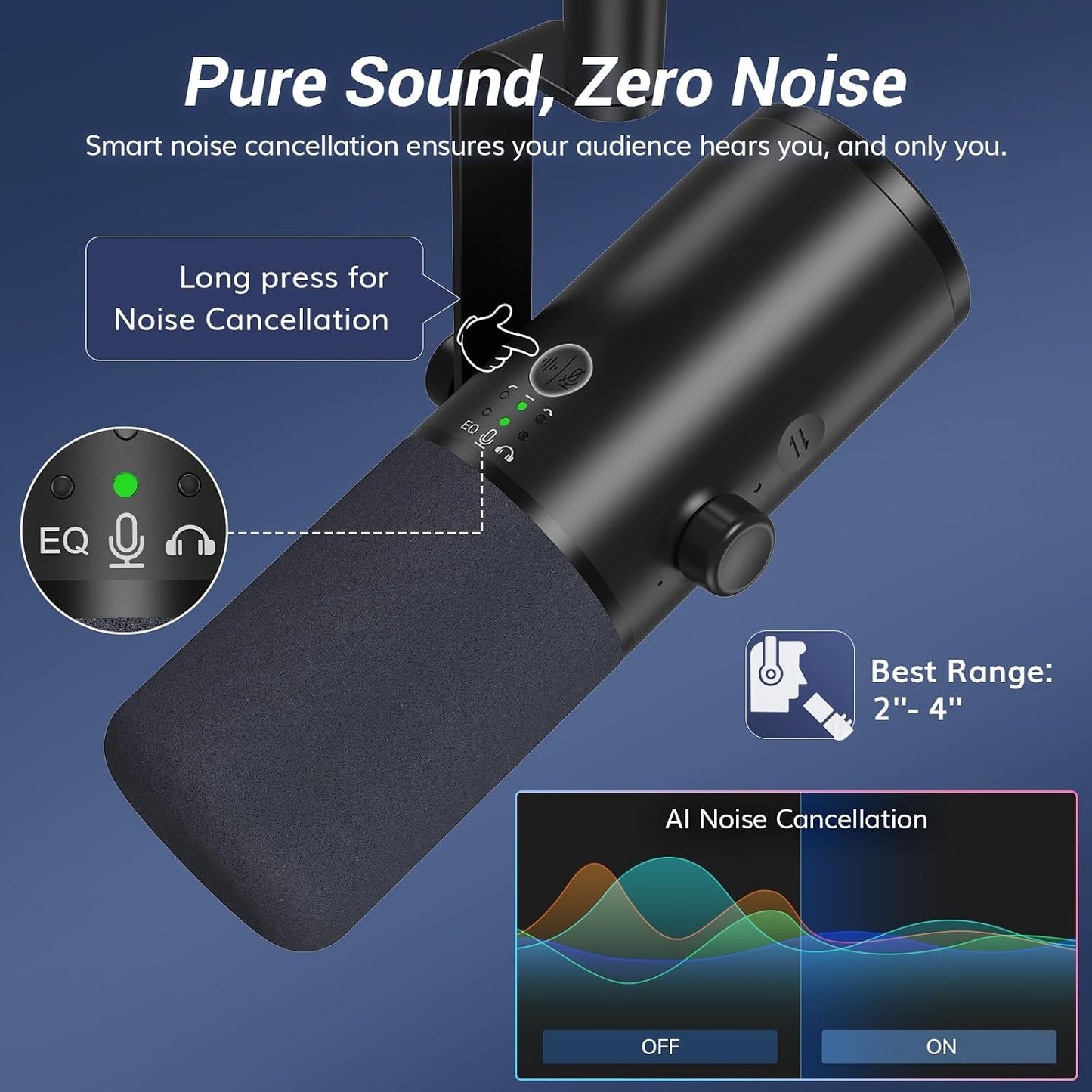 TONOR Dynamic Podcast Microphone for Studio, Cardioid XLR/USB Mic, AI Noise Cancellation, Tap Mute, 3.5mm Headphone Jack for Monitoring, Volume Control, Microfono with Desktop Stand, Black, TD510 AIR