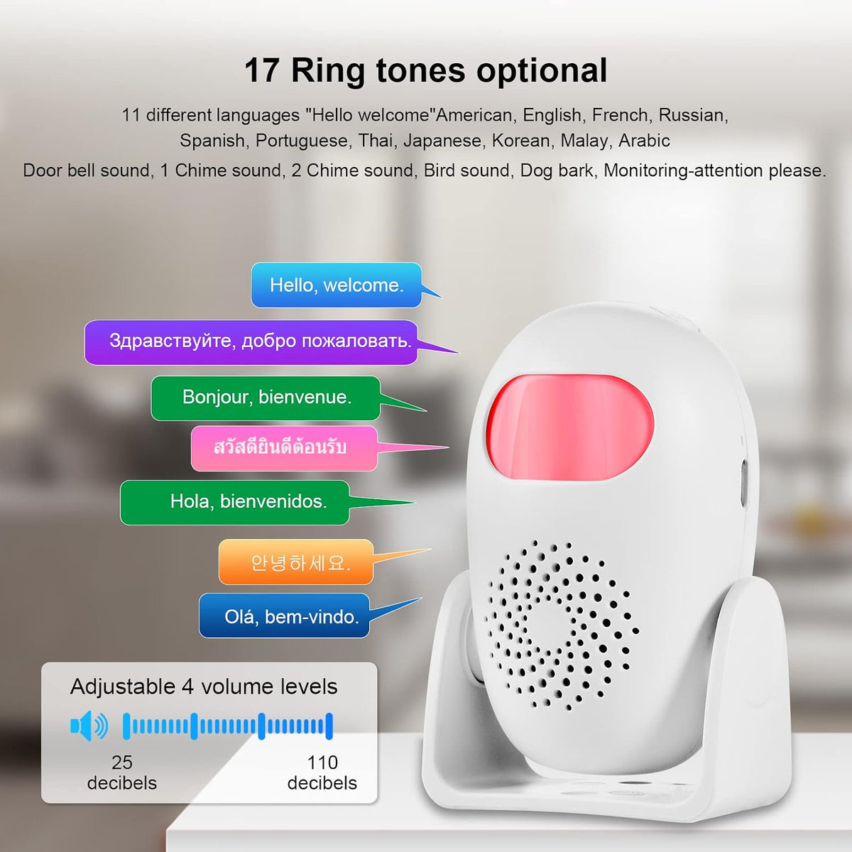 Motion Sensor Alarm with 17 Chimes 3 Alarm Modes 4 Volume Levels Wireless Motion Detector Alarm with Remote 110dB Home Security Alarm (2 Motion Detector, 2 Remote Control)