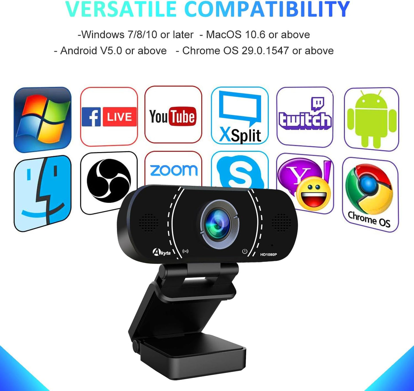 Akyta Webcam for PC, 1080P Webcam with Microphone/Tripod/Privacy Cover/Wide Angle 110°, Plug & Play USB Web Camera for Desktop Computer PC Laptop Mac Video Calling/Streaming/Zoom Conference ﻿
