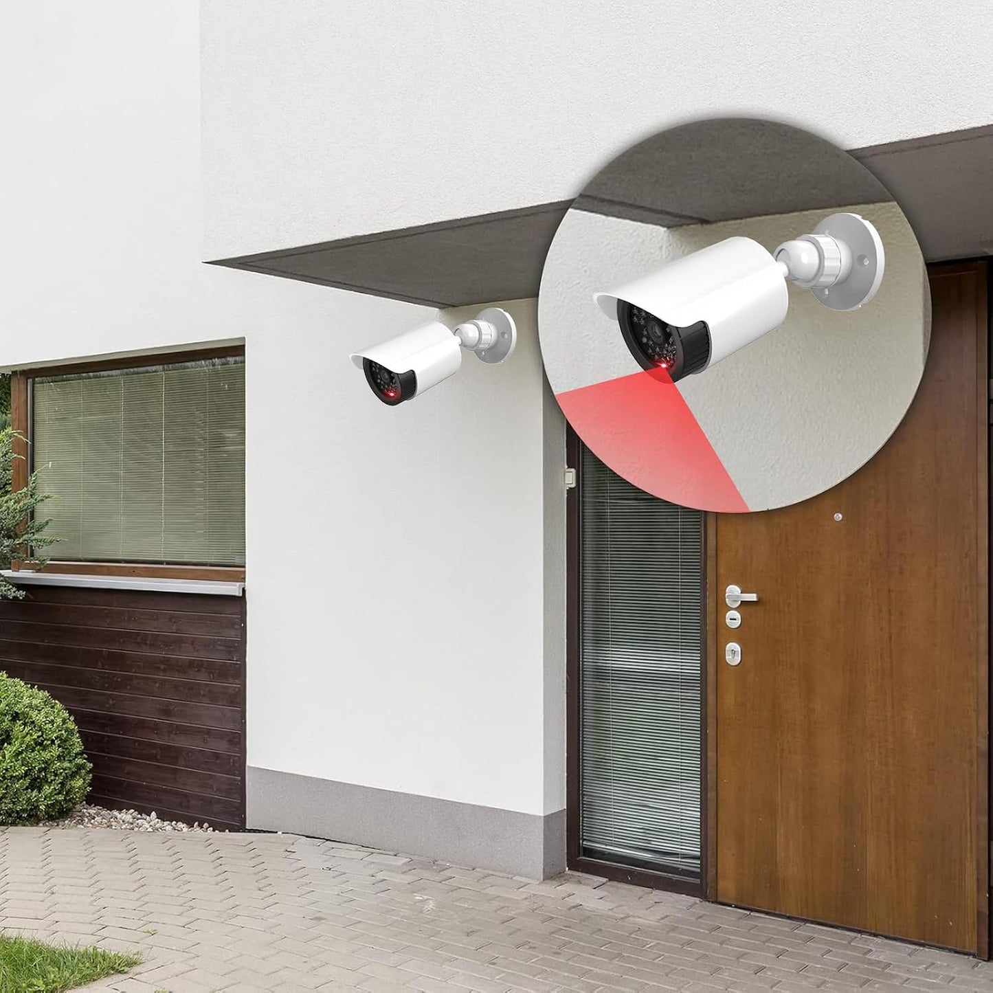 WALI Fake Security Camera with Flashing Red Light, 2 Pack, White（TC-W2） | Dummy Cameras for Outside Indoor, Home Simulated Surveillance Cam, Realistic Look, Weatherproof, Warning Sticker Included