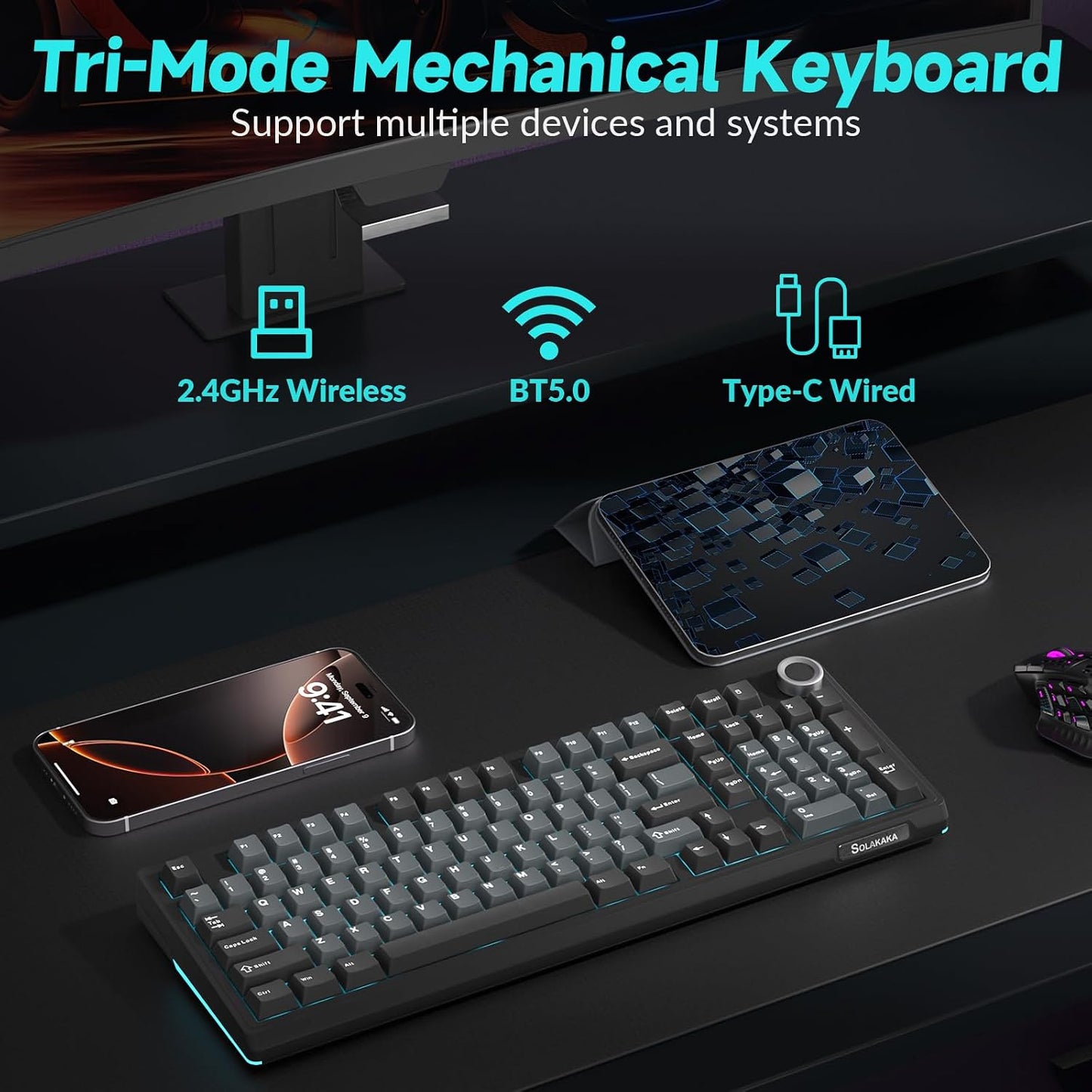 SOLAKAKA KI99 Pro Wireless Mechanical Keyboard with Quiet Switch, Hot Swappable Pre-Lubed Switches with RGB Backlit, Gasket Structure Computer Gaming Keyboard (BlackBlue, Silent Switch)