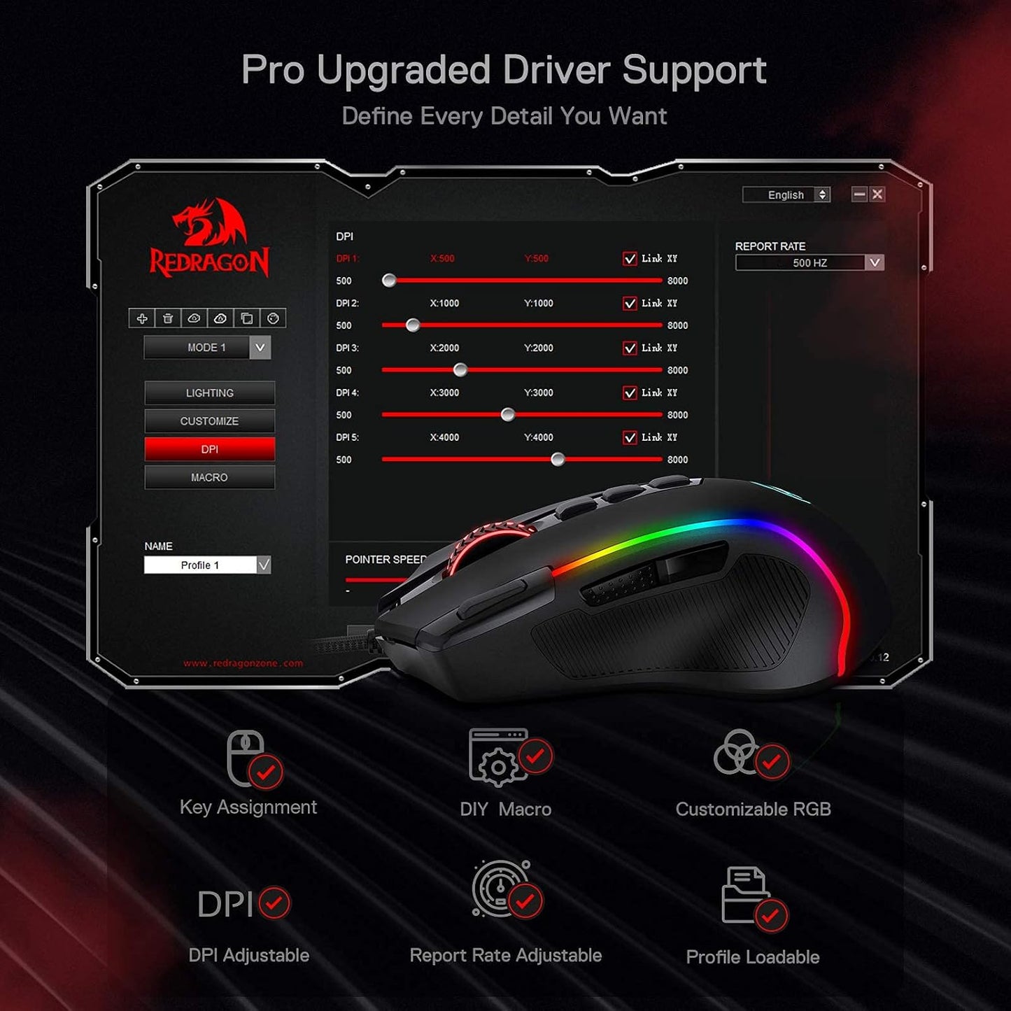 Redragon M612 Wired RGB Optical Gaming Mouse 8000 DPI Remapping Keys | Stable Lag-Free Connection, Redefine Keybinding Macro, Vibing Backlight, Ergonomic Grip Body Comfort