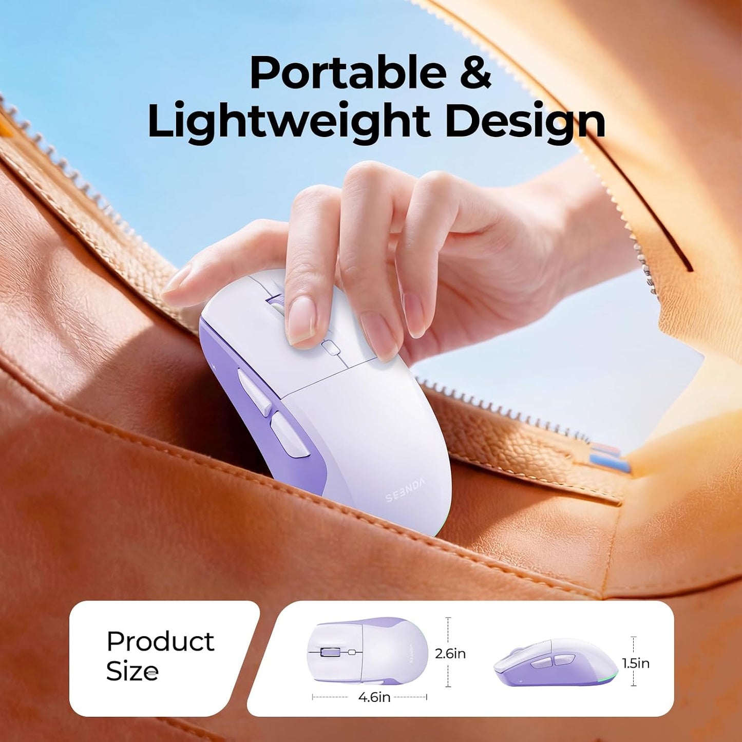 seenda MOU110 Wireless Bluetooth Mouse, Rechargeable & RGB, Purple | 2.4G USB & Bluetooth, Silent, 3-Level DPI, Right-Hand Ergonomic Mouse for Laptop, iPad, MacBook, Desktop Work & Casual Gaming