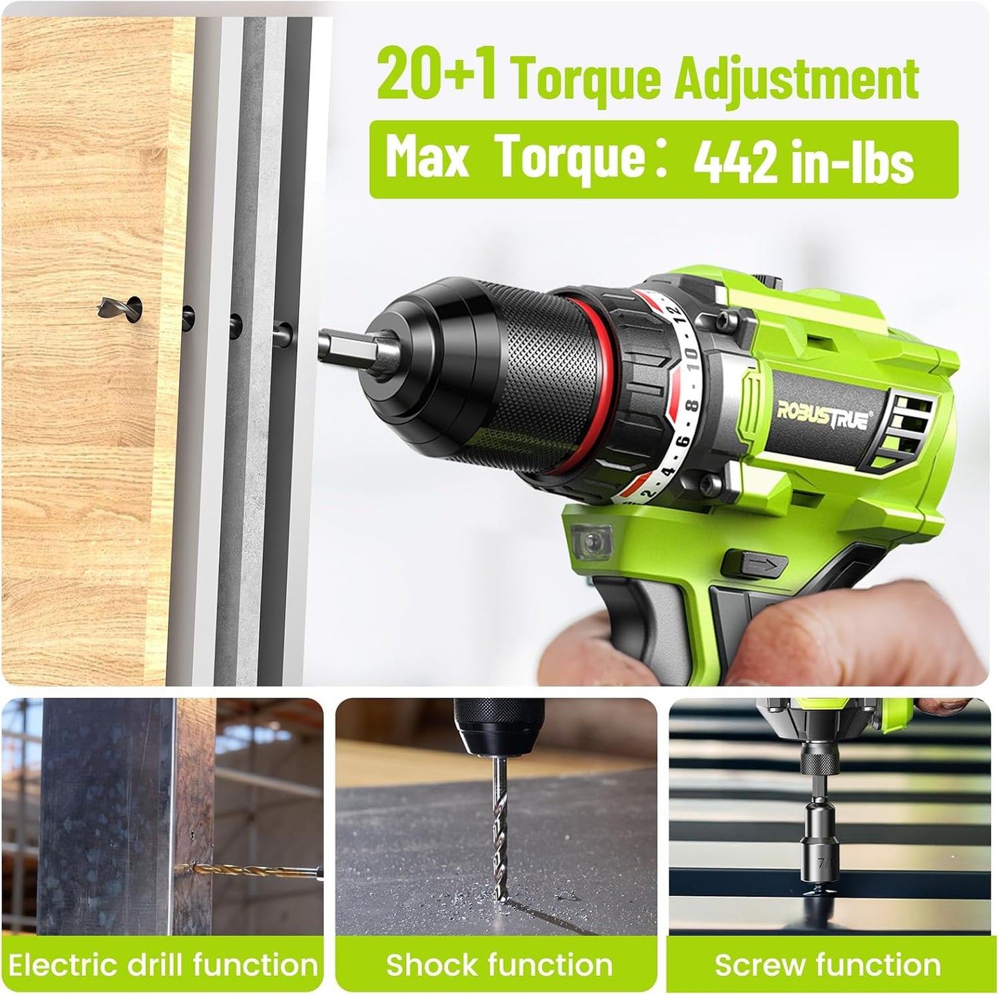 Robustrue 21V Cordless Drill & Impact Driver Combo Kit, 3/8" Drill & 1/4" Impact Driver, 2×2000mAh Batteries, Fast Charger, 16-Piece Bit Set for DIY Projects, Furniture Assembly & Home Repairs