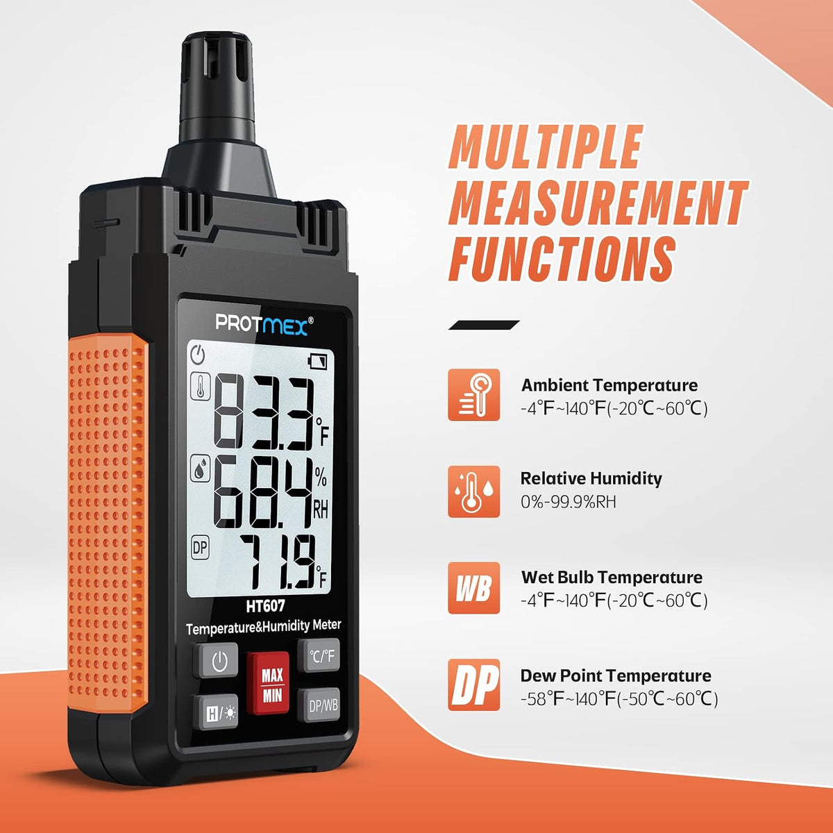 HT607 Temperature Humidity Meter - Large LCD Backlight with Cover Protector