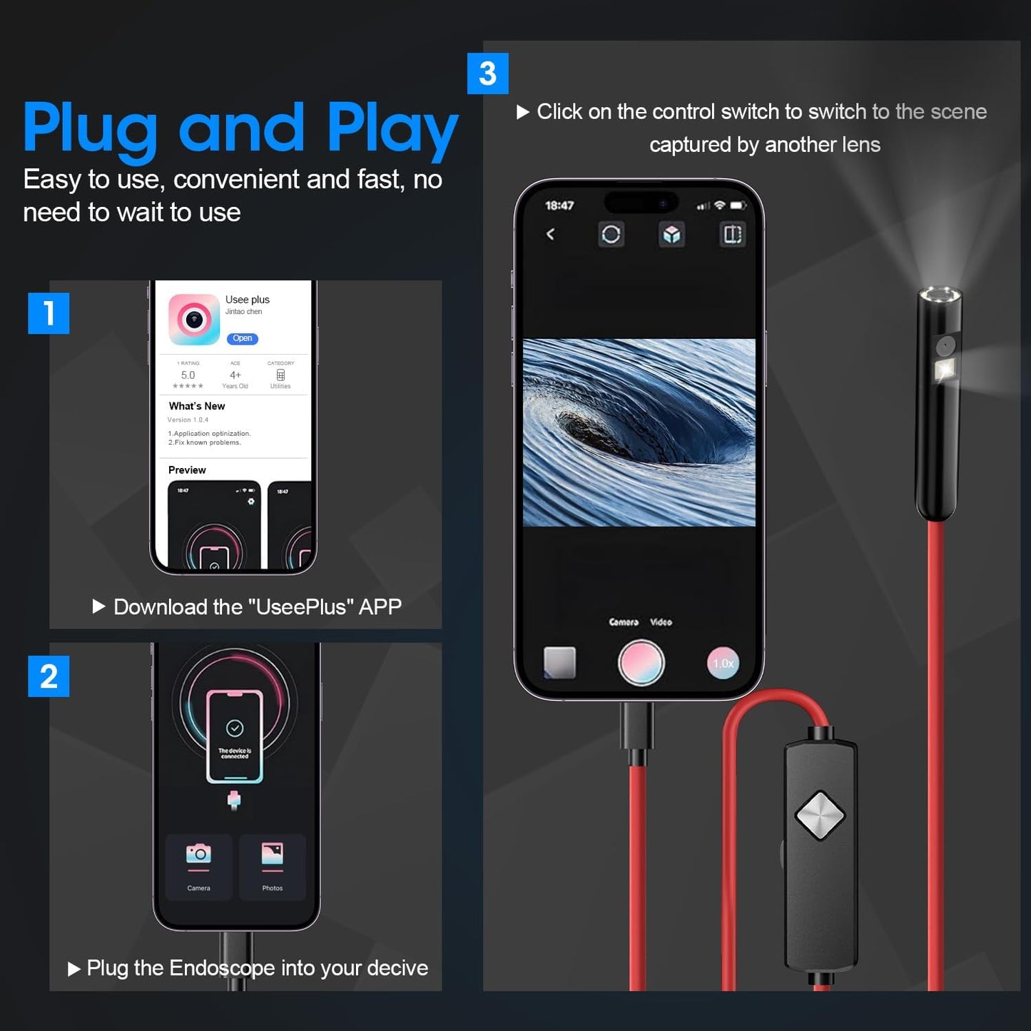 Endoscope with Light, 1920P HD Borescope with 8 Adjustable LED Lights, Semi-Rigid Snake Camera, IP67 Waterproof Inspection Tool (9.8ft, Red Harness + Dual Lens)