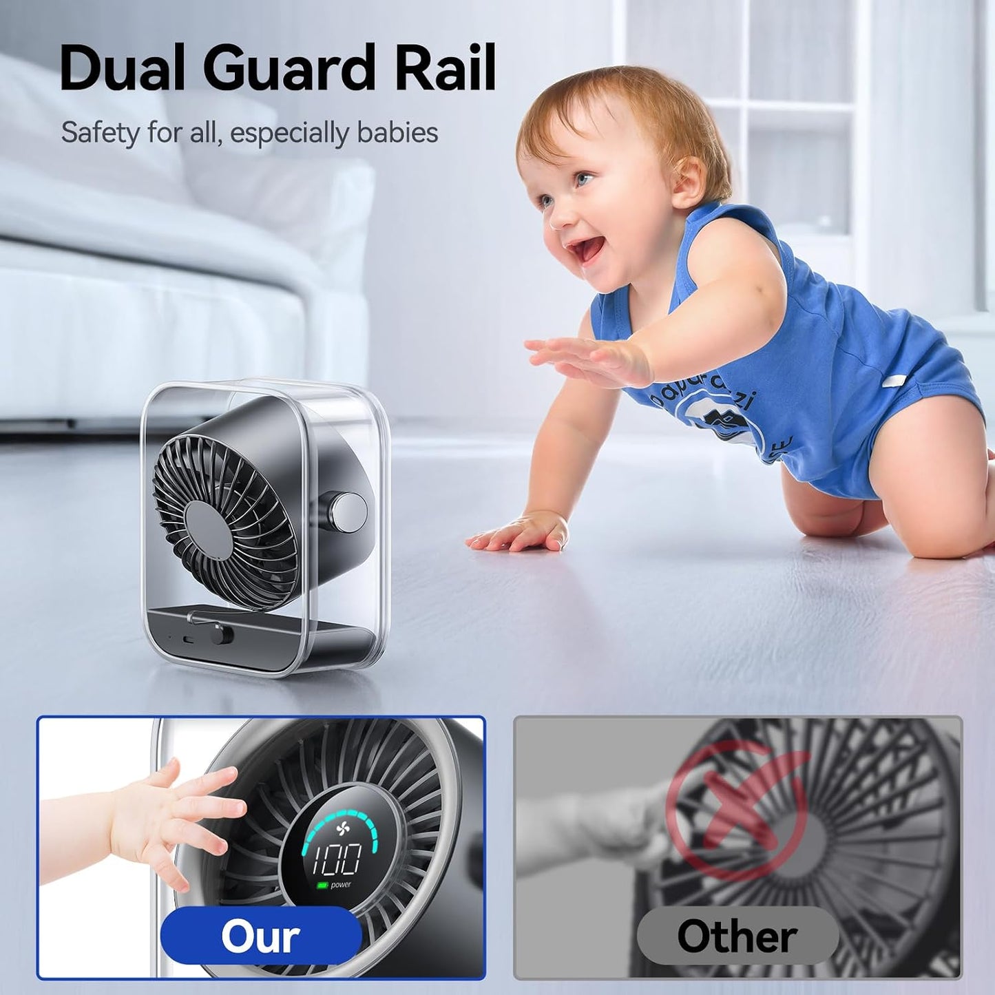 KIMMOO Rechargeable USB Desk Fan, Quiet Table Fan with Turbo Airflow, 100 Speeds, Digital Display, 90° Rotating, Small Battery Desktop Fans for Bedroom Home Office Travel, Black