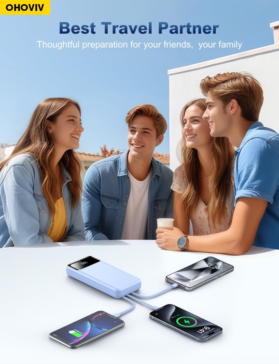 OHOVIV Portable Charger Power Bank 50000mAh,4 Built-in Cables Battery Pack | 22.5W Fasting Charging,Power 6 Devices,Camping Travel Essential,Portable Phone Charger compatible with iPhone,Samsung,Blue