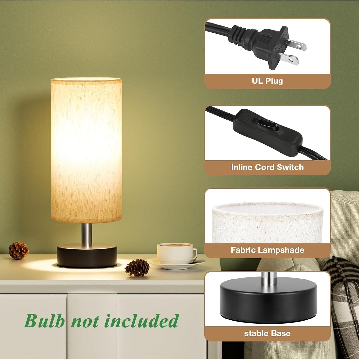 PartageiZ Small Table Lamp for Bedroom - Bedside Lamps for Night Stands | Bulb not Included | Minimalist Desk Lamp | Linen Fabric Shade | for Living Room | for Dorm | 11.6" Inline Control