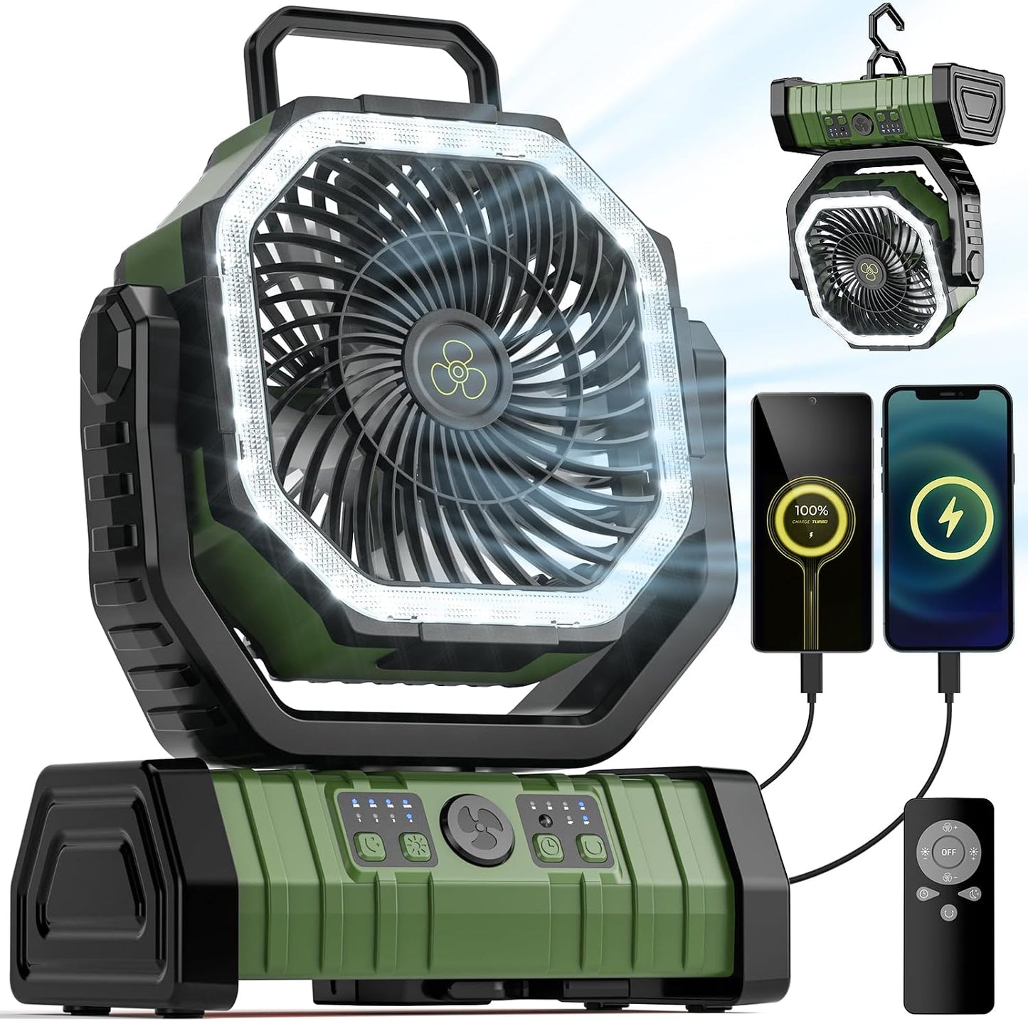 Camping Fan - 20000mAh Battery Powered Fan Rechargeable with LED Lantern - Portable Outdoor Tent Fans with Hanging Hook 4 Speeds Wind Remote Control, Blue